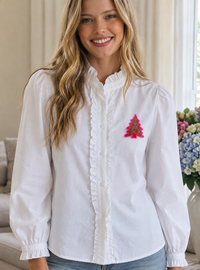 Christmas Tree Button Down Blouse - White