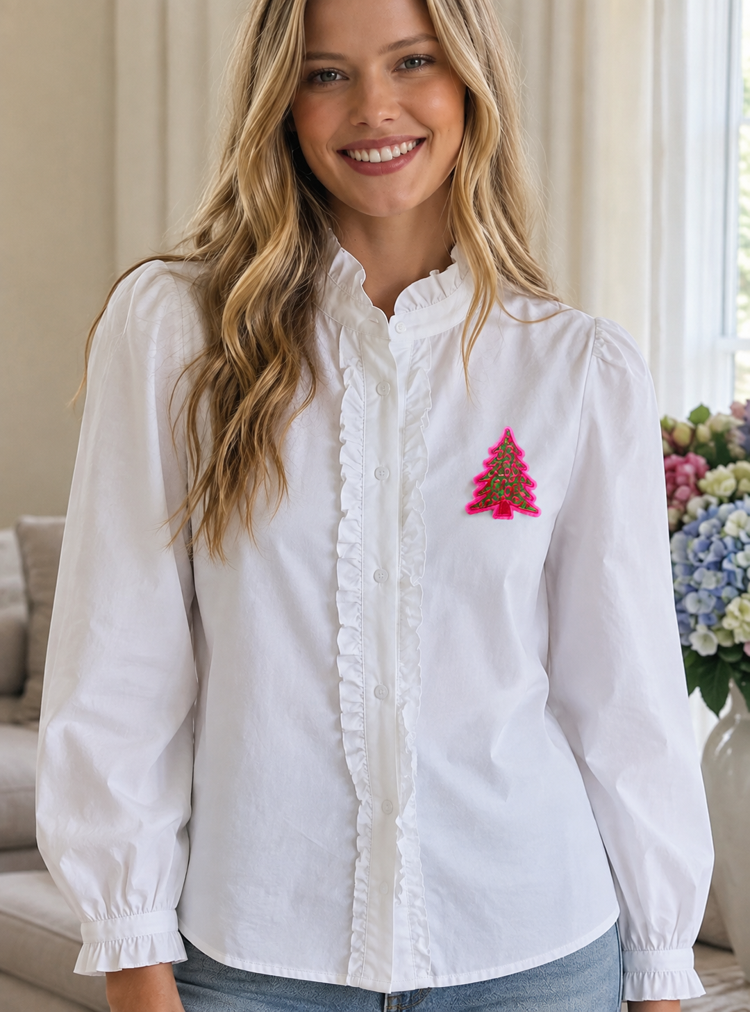 Christmas Tree Button Down Blouse - White