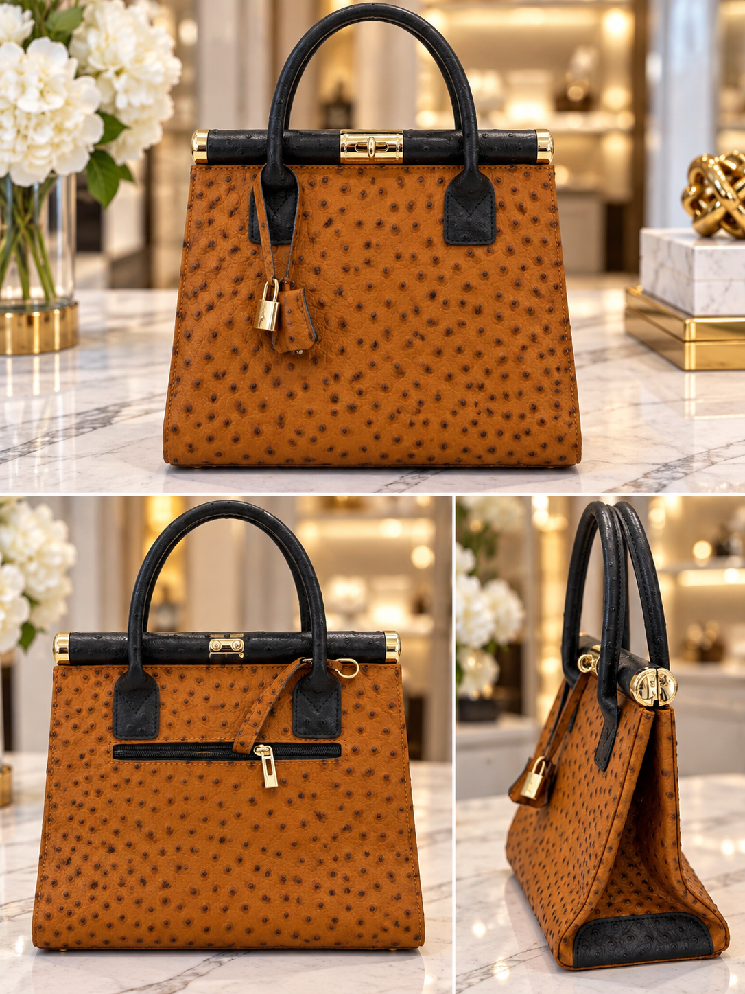 Milana Ostrich Handbag - Camel/Black