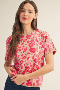 Sequin Leopard Blouse - Fuchsia