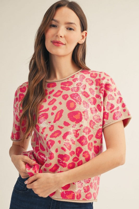 Sequin Leopard Blouse - Fuchsia