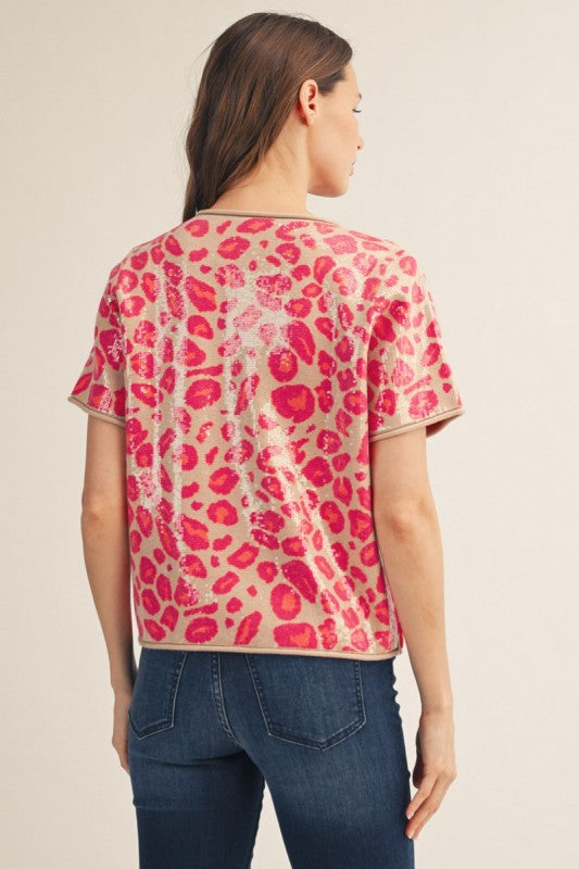 Sequin Leopard Blouse - Fuchsia