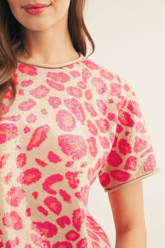 Sequin Leopard Blouse - Fuchsia