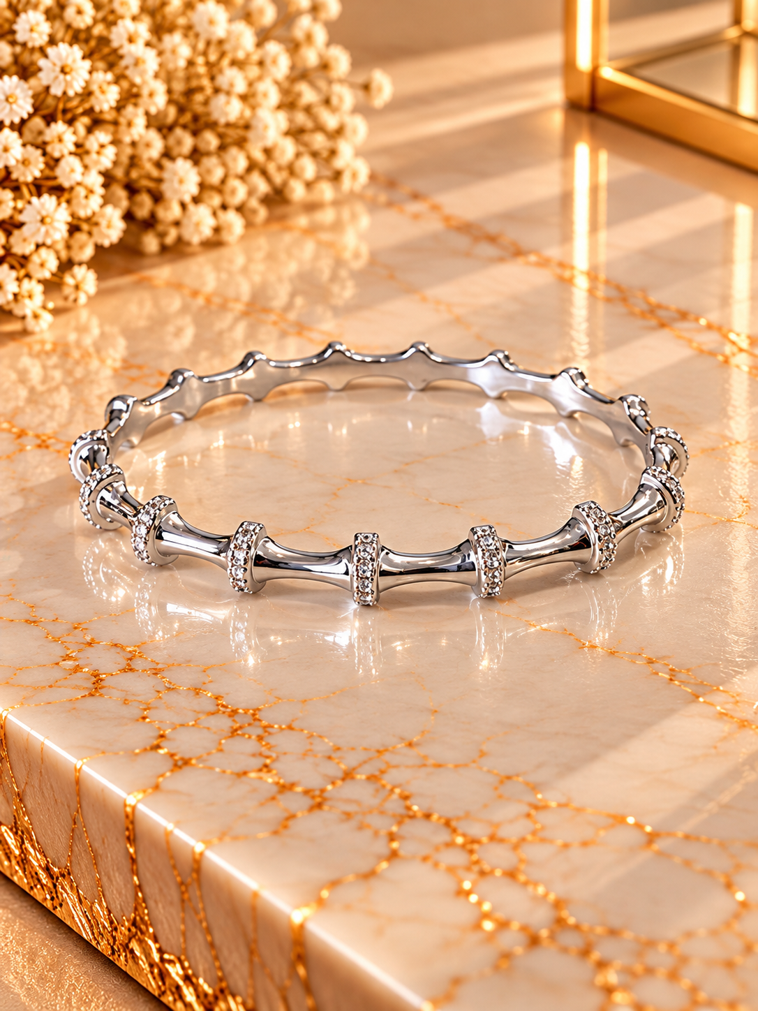 Rhinestone Bamboo Bangle Bracelet - Silver