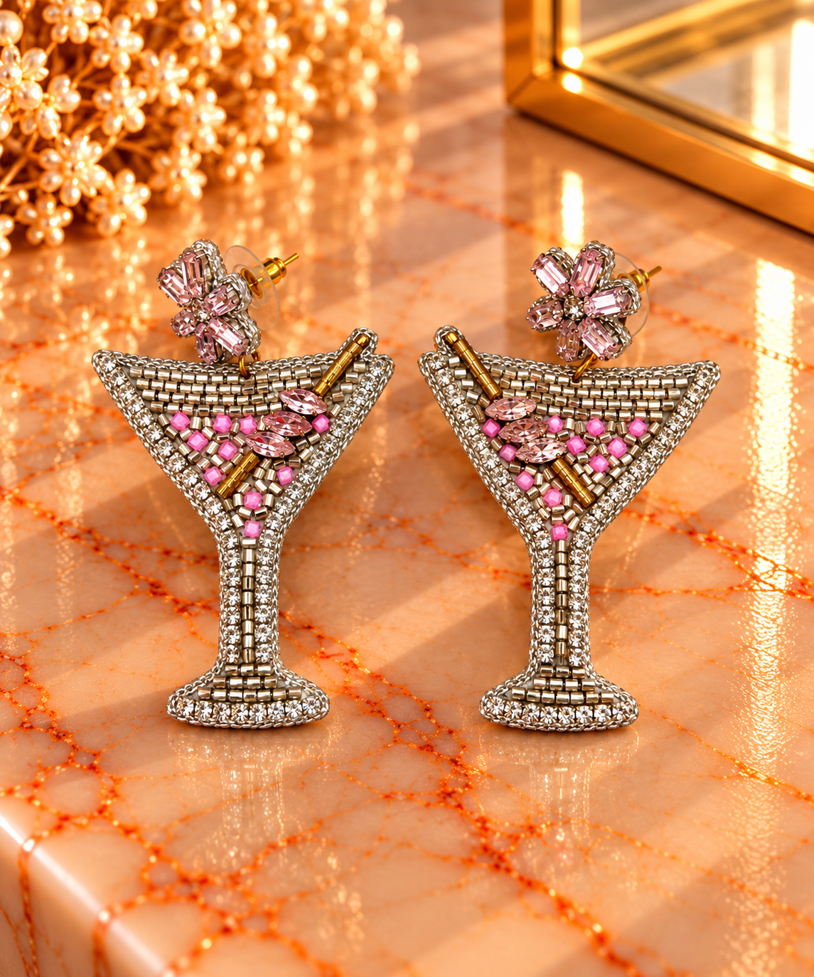 Martini Beaded Earrings - Pink