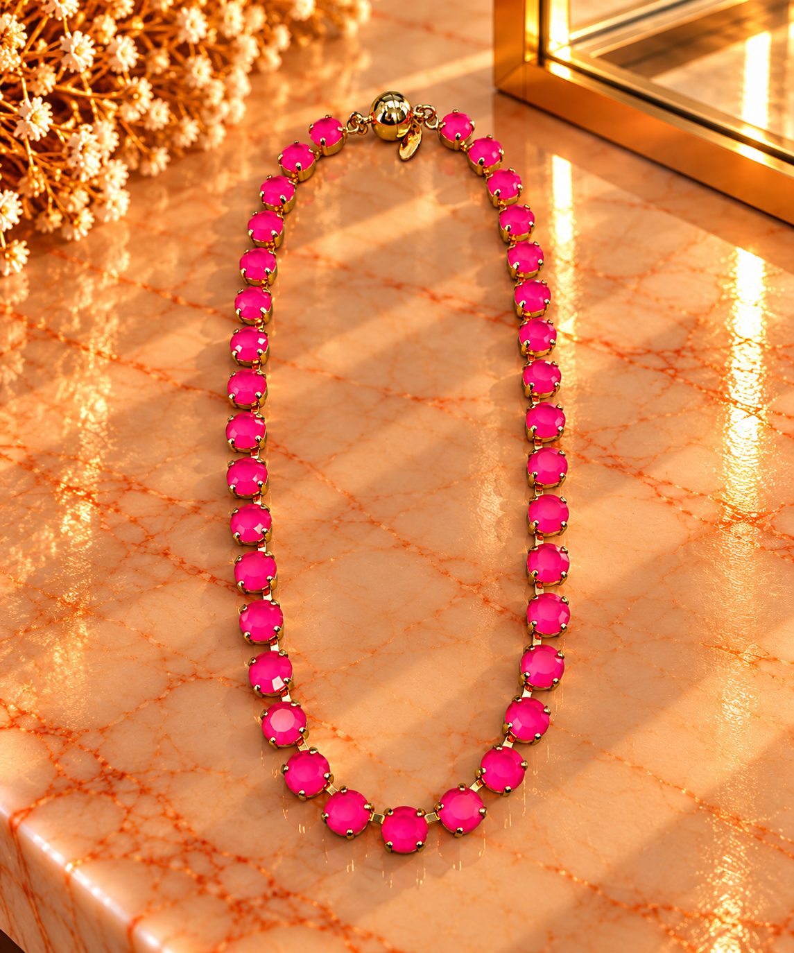 Crystal Vault Tennis Necklace - Hot Pink