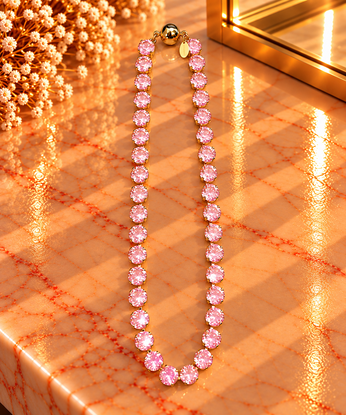 Crystal Vault Tennis Necklace - Baby Pink