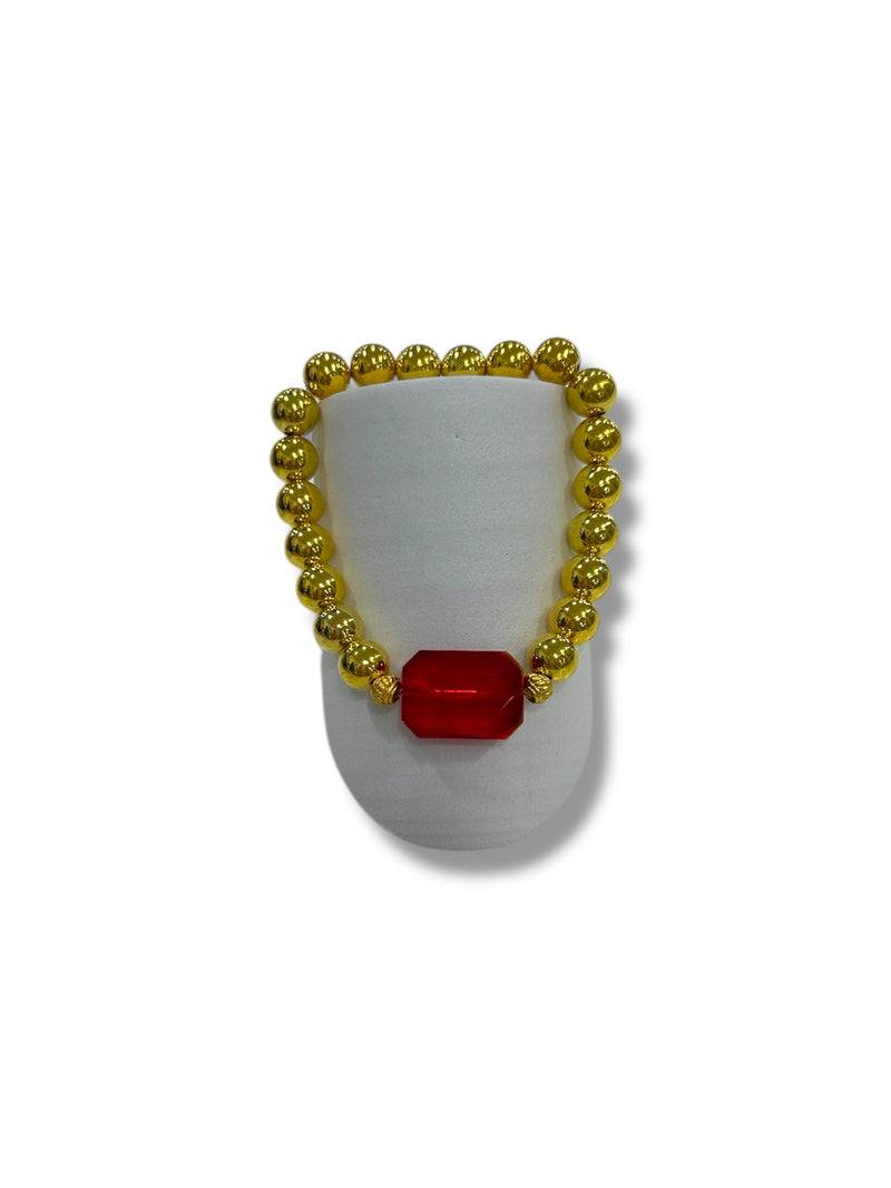 Gold & Red Beaded Bracelet