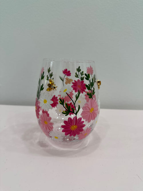 Floral Stemless Wine Glass - Pink