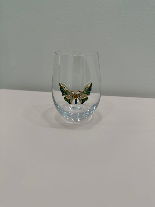 Jeweled Stemless Wine Glass - Butterfly