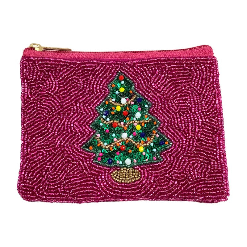 Christmas Tree Beaded Pouch - Fuchsia