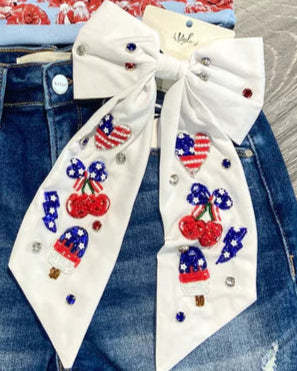 4th of July Beaded Bow - White