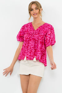 Floral Puff Sleeve Blouse - Pink