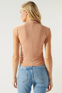 Jersey Knit Top - Cap Sleeve Camel Mock Neck