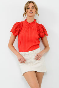 Eyelet Sleeve Blouse - Coral