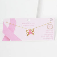 Breast Cancer Butterfly Ribbon Necklace - Gold