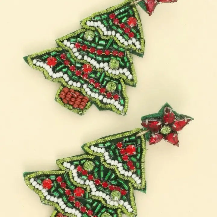 Christmas Tree Beaded Earrings - Green