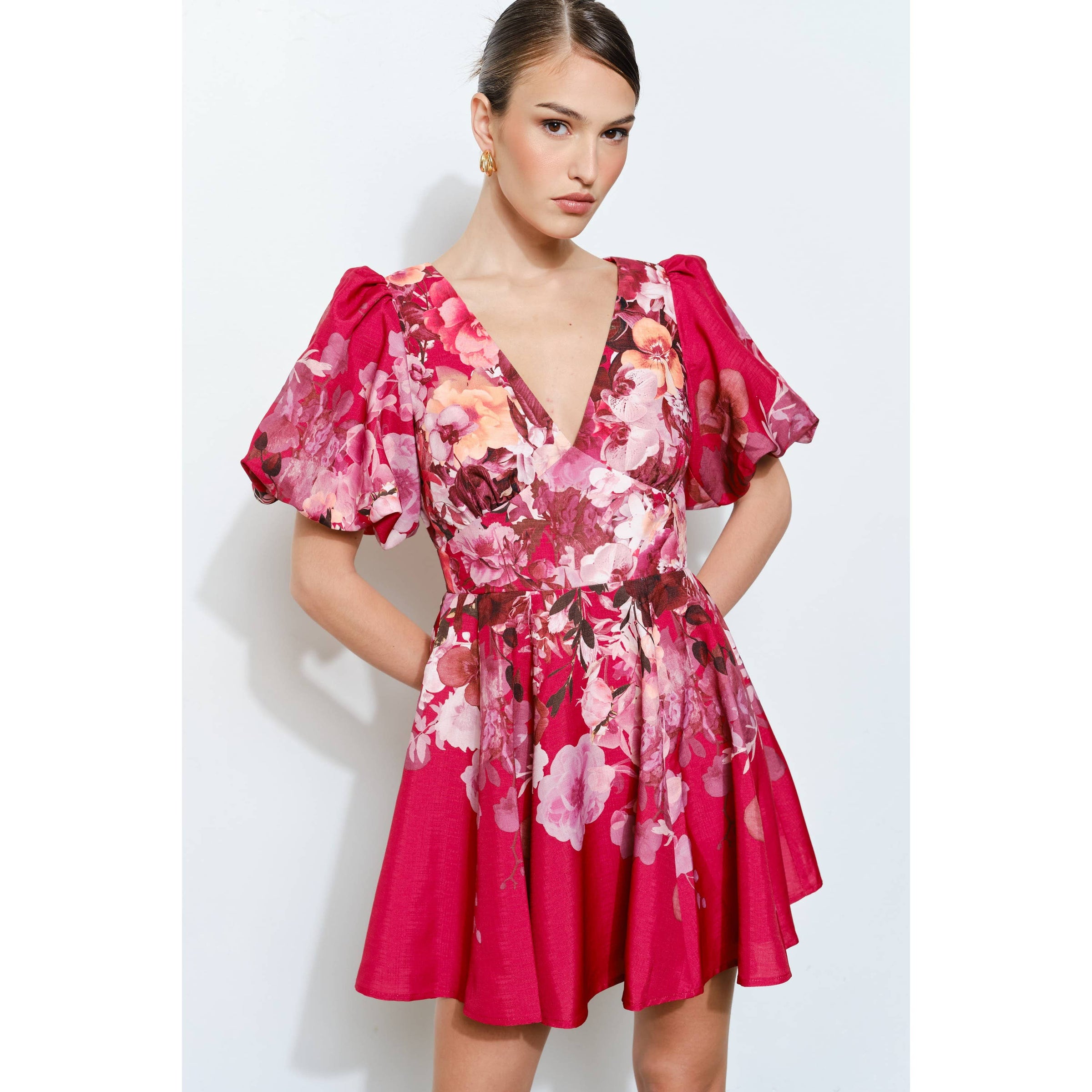 Floral Puff Sleeve Mini Dress - Floral Red