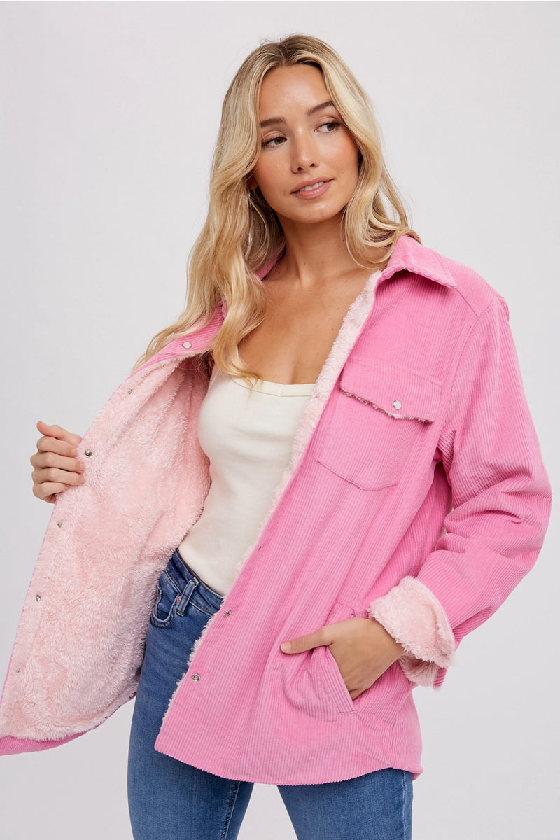 Corduroy Button Up Shacket - Pink