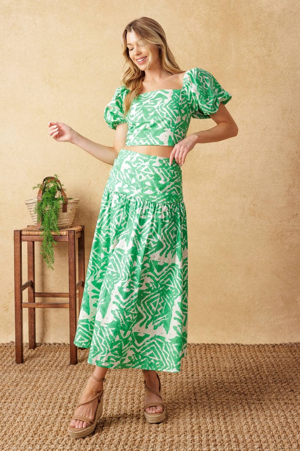 Pleated Floral Midi Skirt - Green Ivory