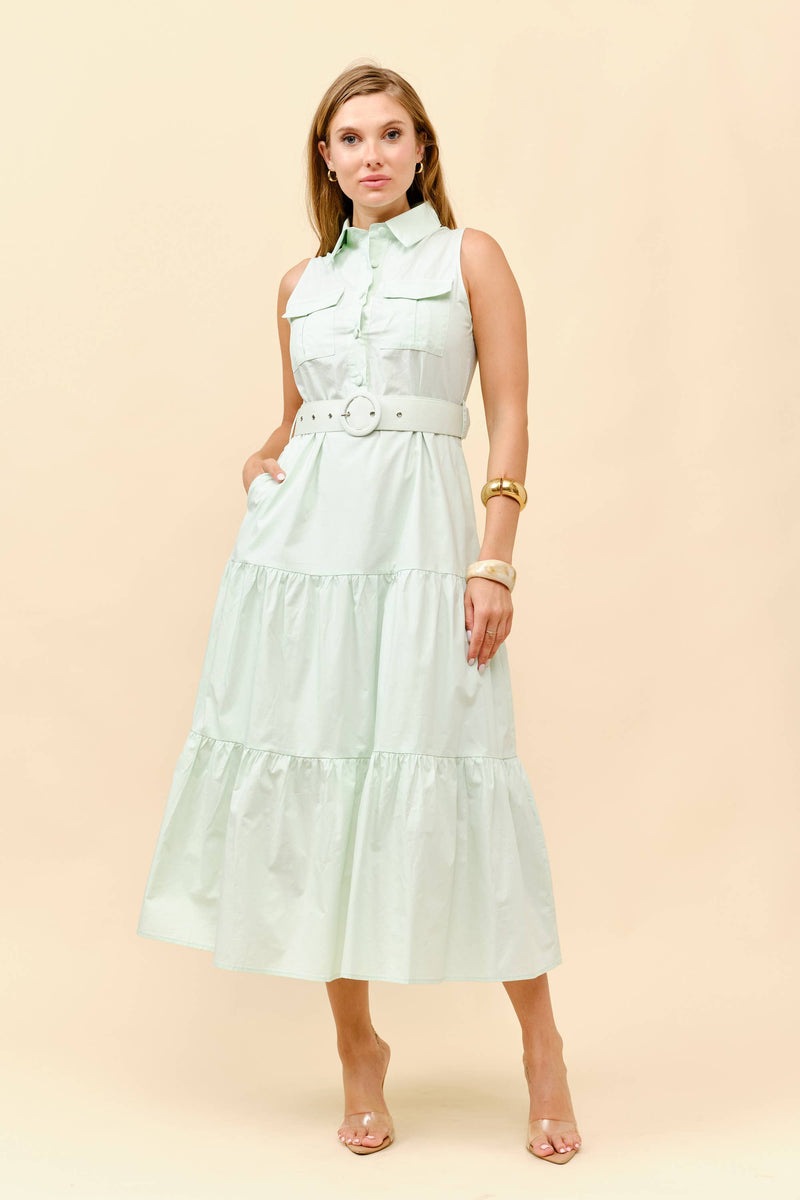 Tiered Belted Midi Dress - Mint