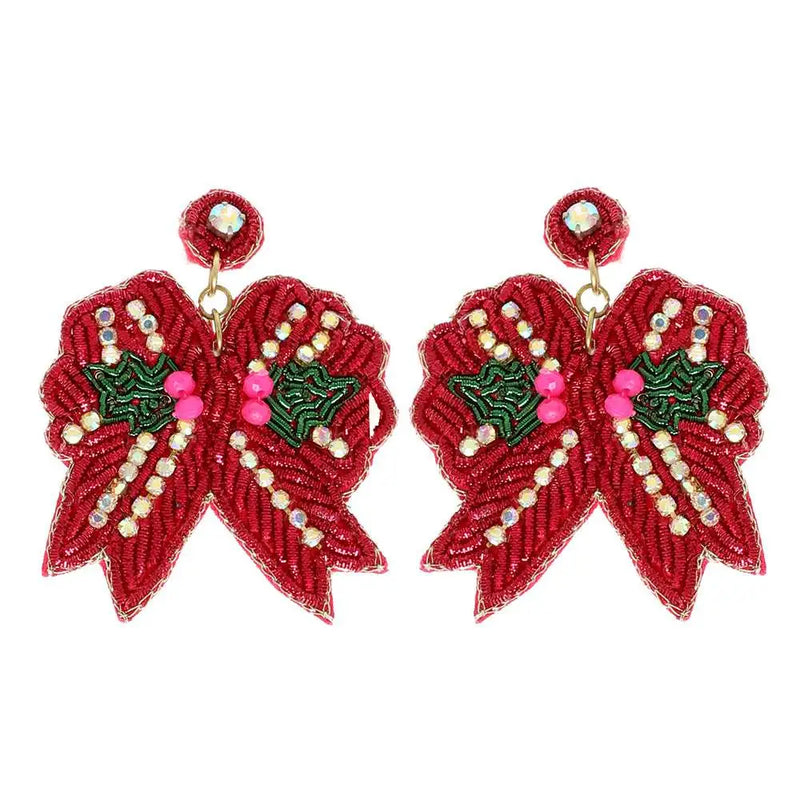 Beaded Bow Earrings - Fuchsia