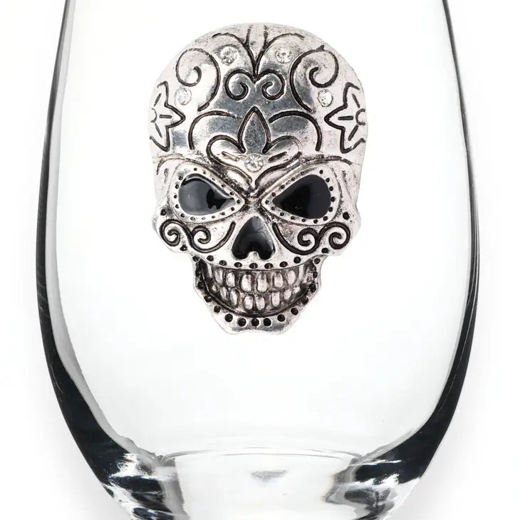 Jeweled Stemless Wine Glass -Skull