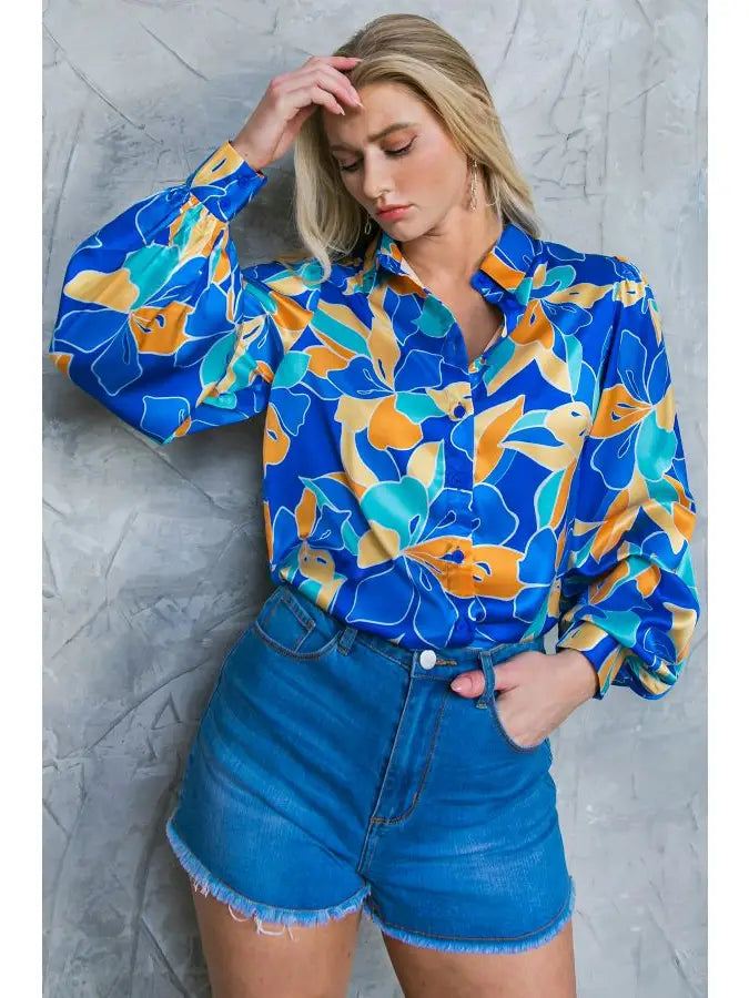 Floral Puff Sleeve Blouse - Blue