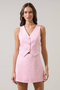 Kassy Checker Button Up Vest - Pink