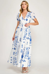 Tile Print Maxi Dress - Off White/Blue