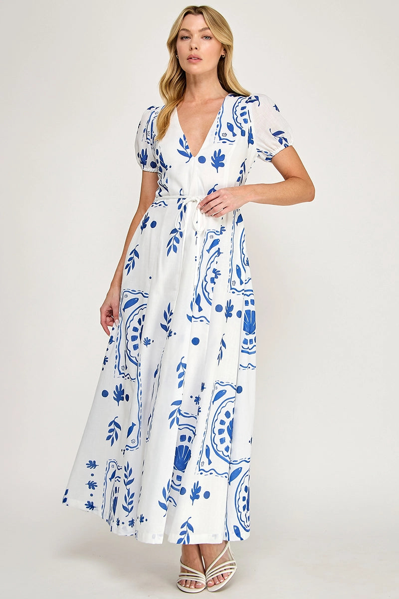 Tile Print Maxi Dress - Off White/Blue