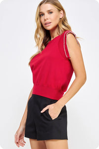 Knit Pearl Top - True Red