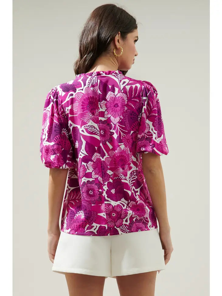 Floral Orchid Purple Puff Sleeve Blouse