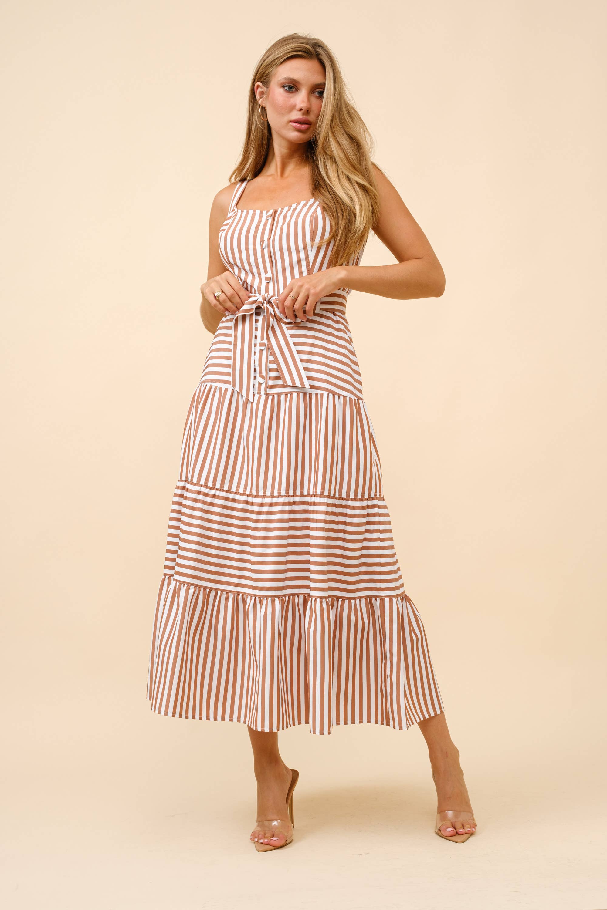 Striped Tiered Midi Dress - Brown