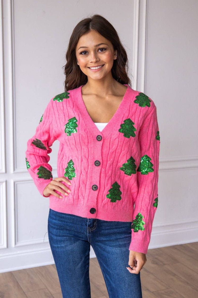 Sequin Trees Cardigan - Pink