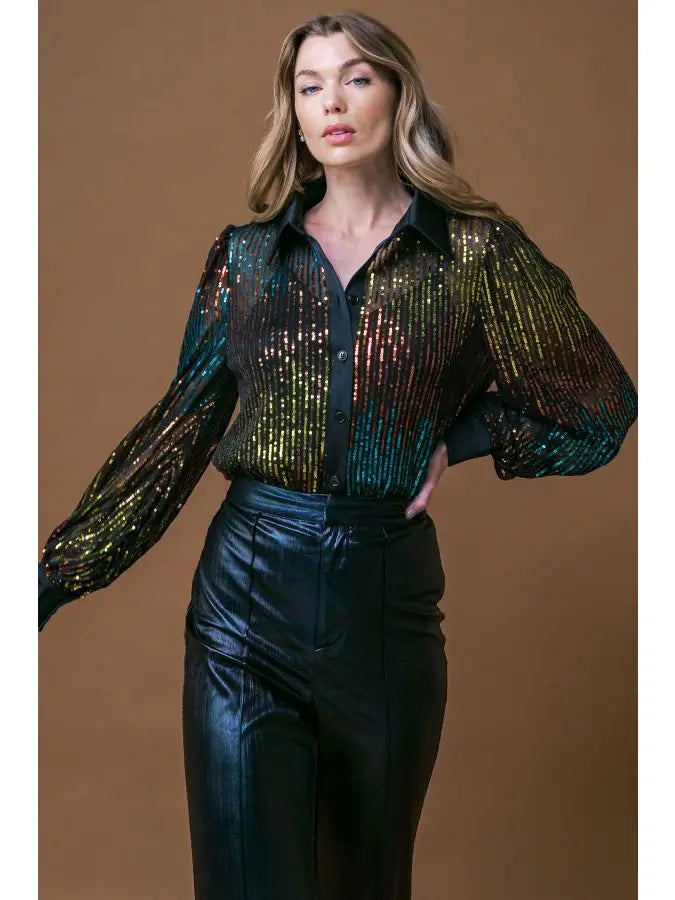 Sequin Button Up Blouse