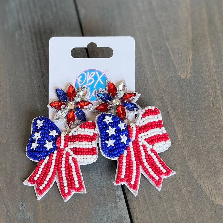 American Flag Bow Beaded Earrings