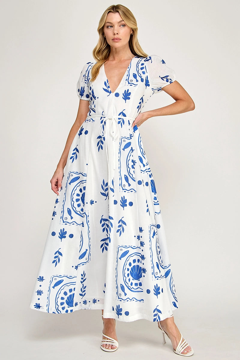 Tile Print Maxi Dress - Off White/Blue