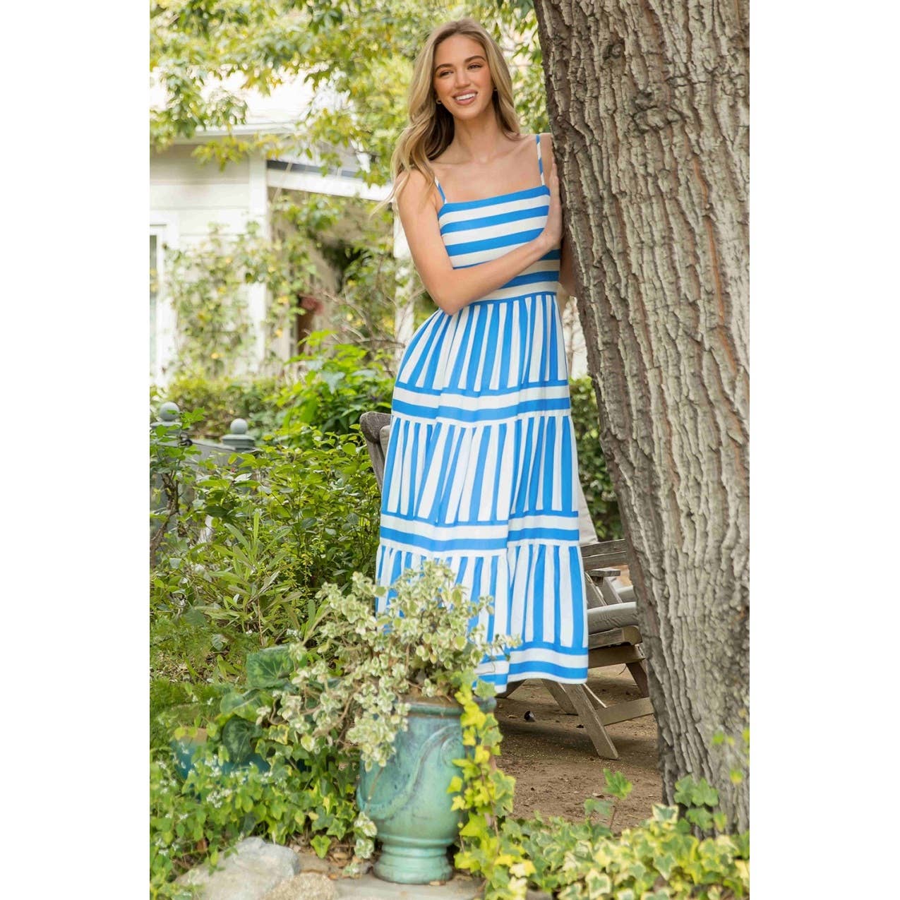 Striped Tiered Midi Dress - Blue