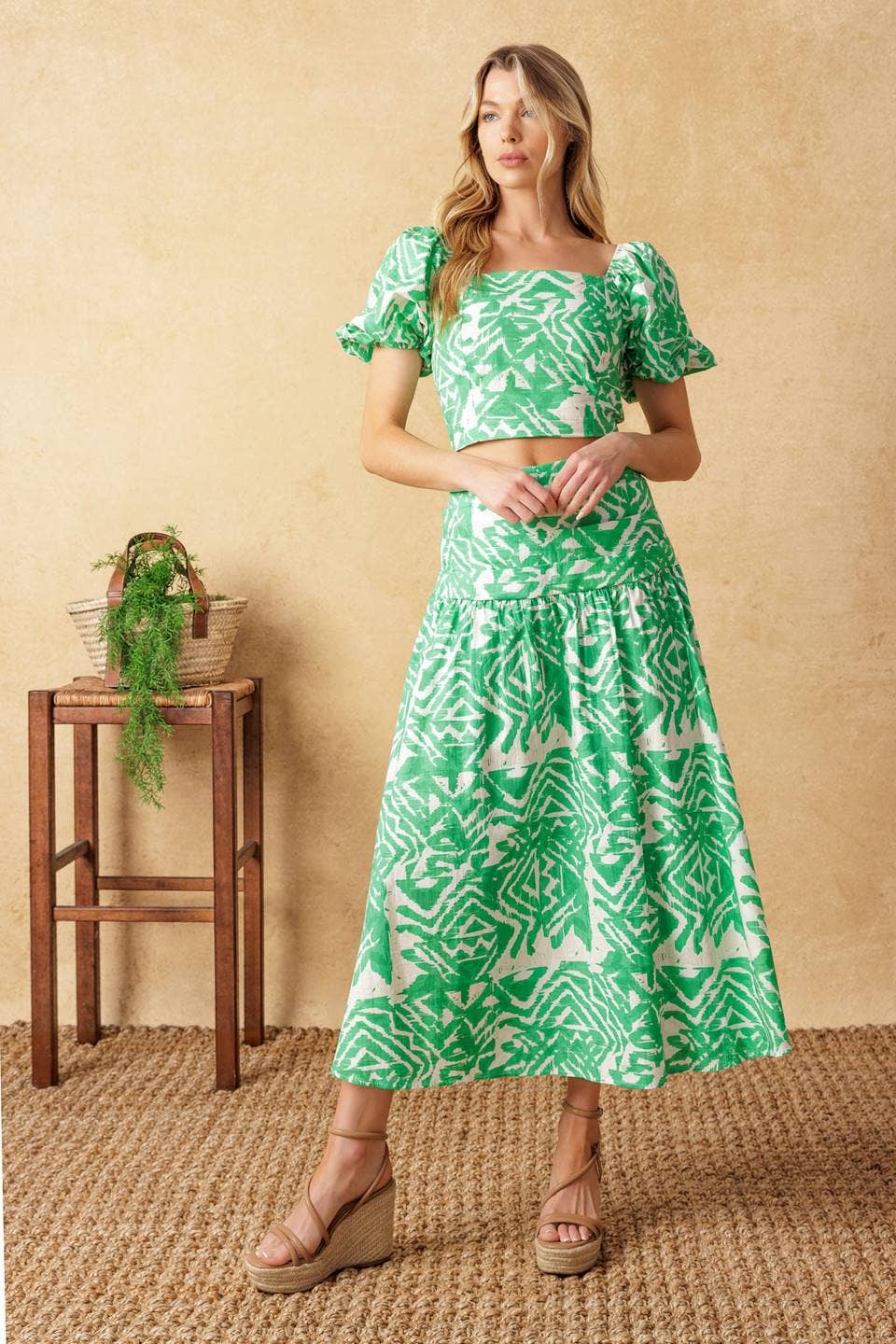 Pleated Floral Midi Skirt - Green Ivory