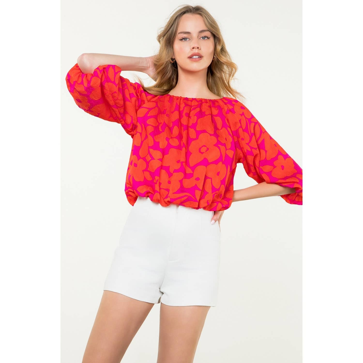 Floral Balloon Sleeve Blouse - Red