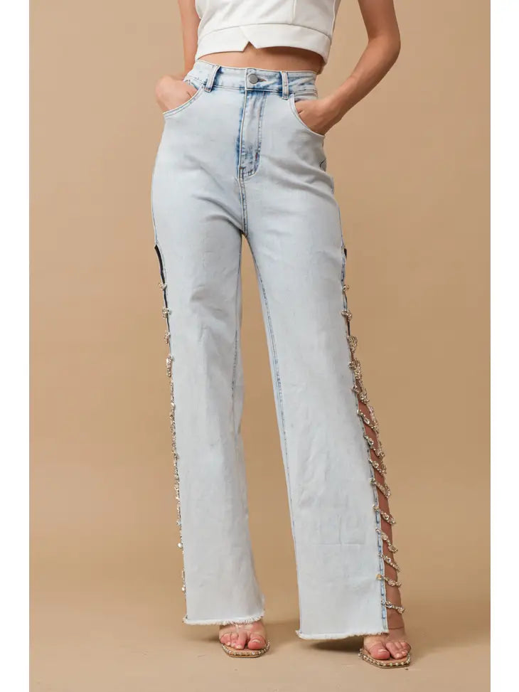 Jeweled Side Cut Jeans - Light Wash - Glam Rodeo