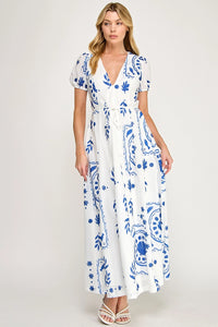 Tile Print Maxi Dress - Off White/Blue