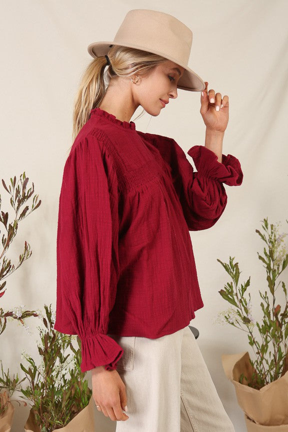 Burgundy Maroon Smocked Top