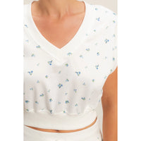 Floral V-Neck Top - White/Blue