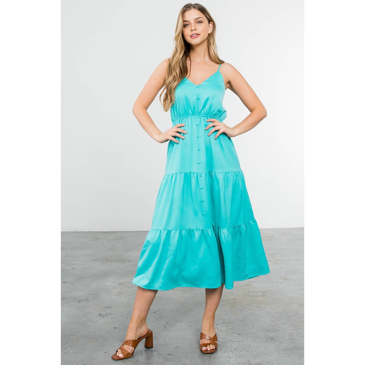 Button Up Tiered Maxi Dress - Aqua