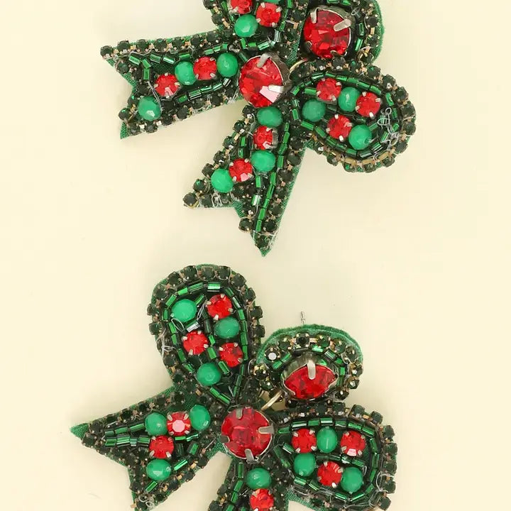 Christmas Bow Beaded Earrings