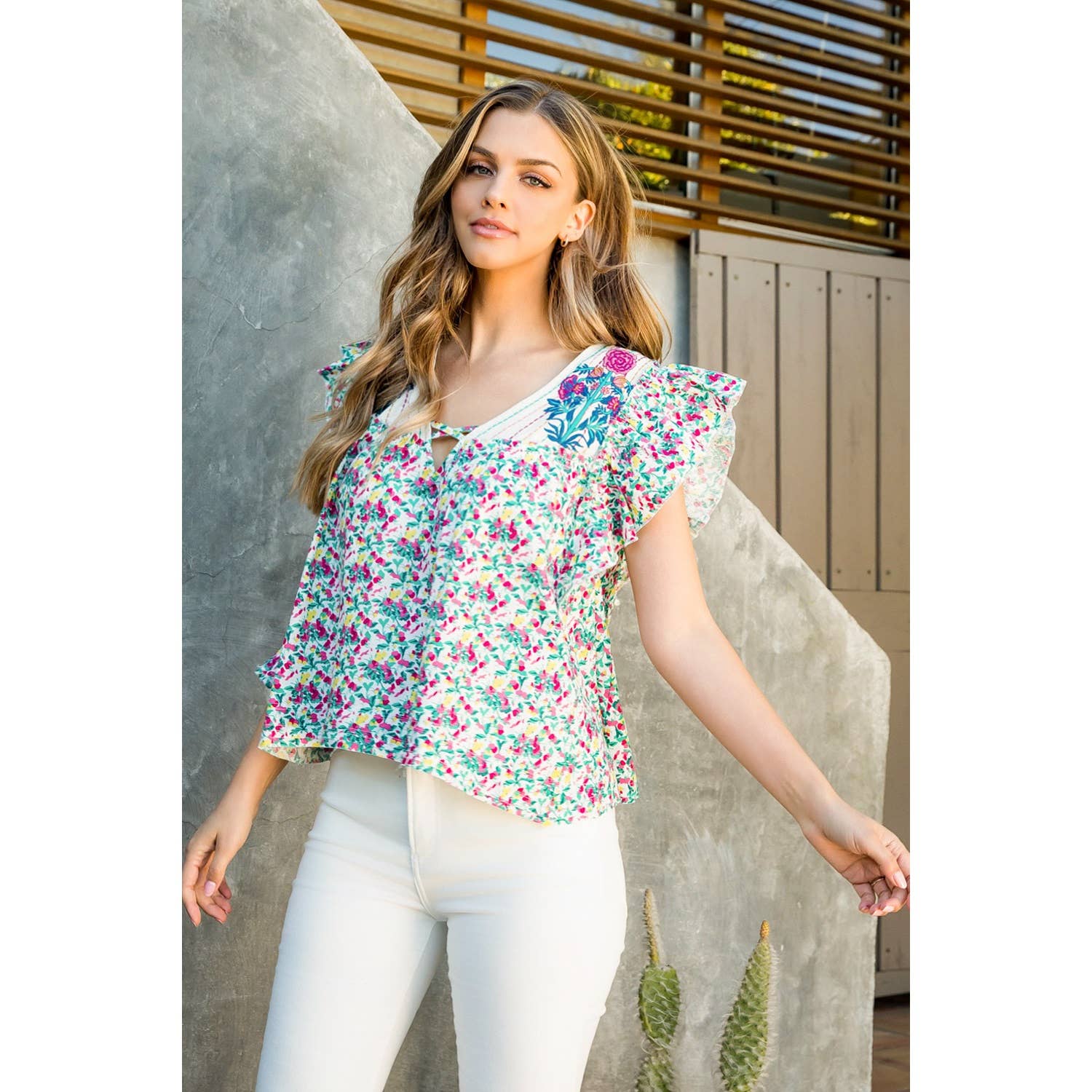 Floral Embroidered Blouse - Teal
