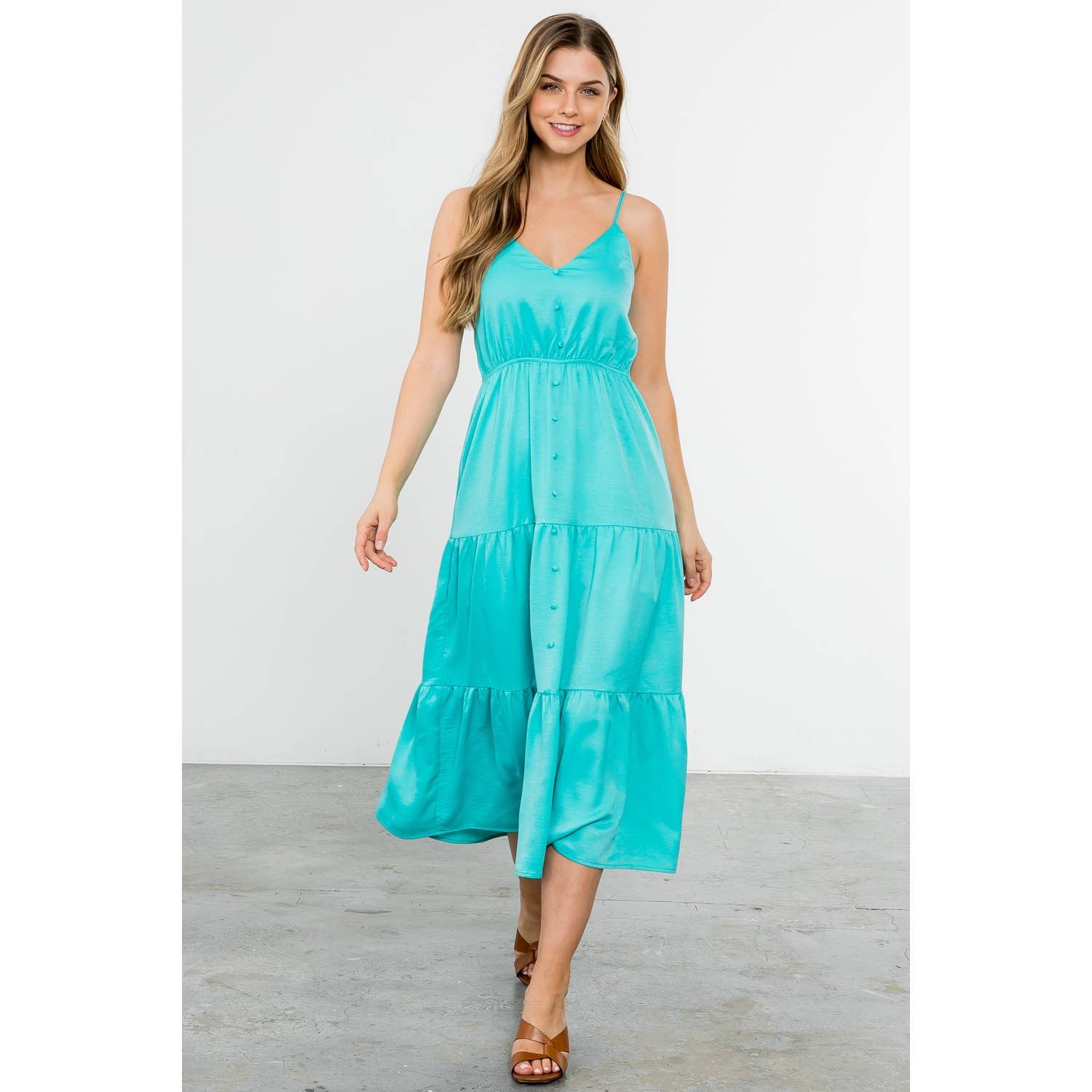 Button Up Tiered Maxi Dress - Aqua