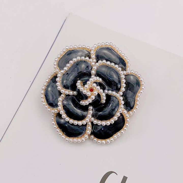 Pearl Enamel Brooch - Black